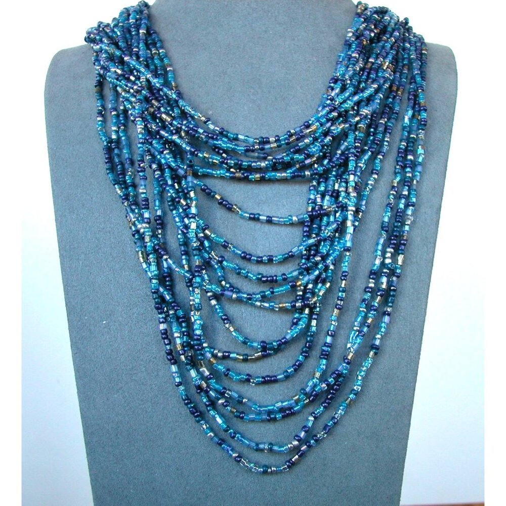 19-Strand Blue Glass Beaded Necklace With Silver-Tone Clasp 22" Length